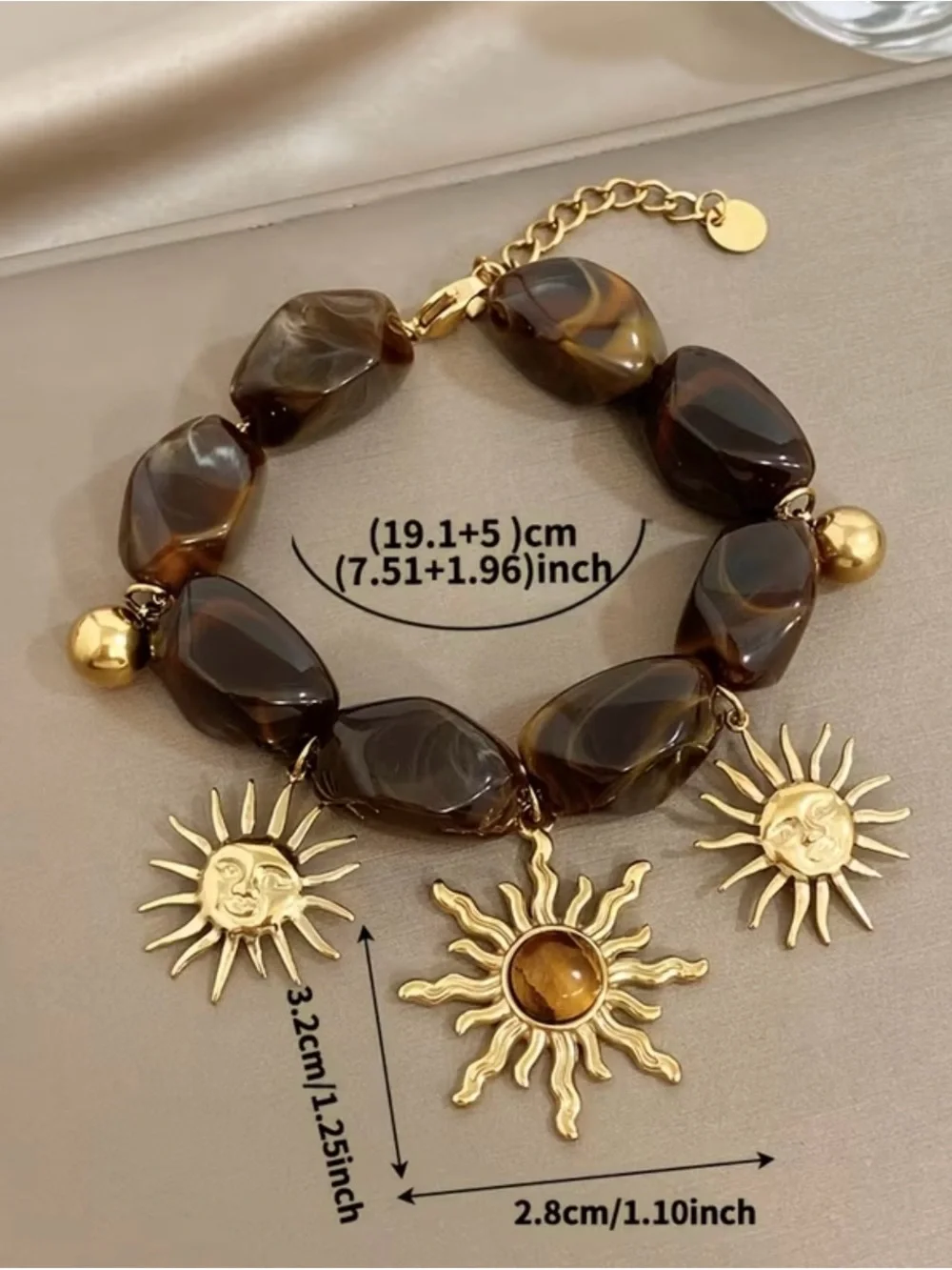 NEW! Boho Sun Charm Brown Beaded Bracelet. Cat's Eye/Tiger's Eye Bracelet 👁️B0-6